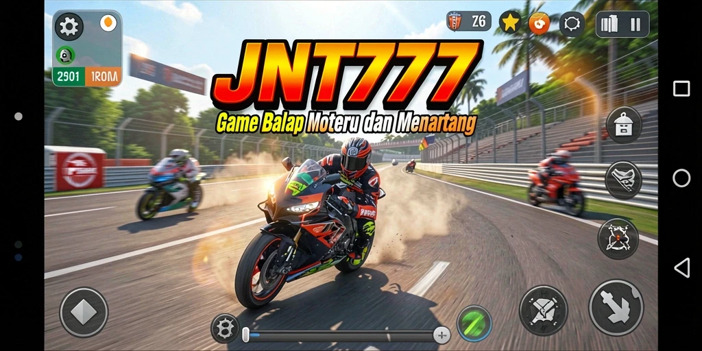Tampilan gameplay menegangkan dalam JNT777 dengan balapan motor yang seru.