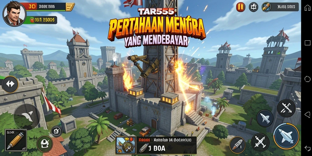 Screenshot TAR555 menunjukkan aksi menara mempertahankan kerajaan dari serangan musuh.